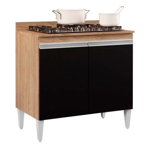 Balcão para Cooktop de Cozinha com Tampo 2 Portas Brenda Castanho e Preto 80 cm - D’Rossi