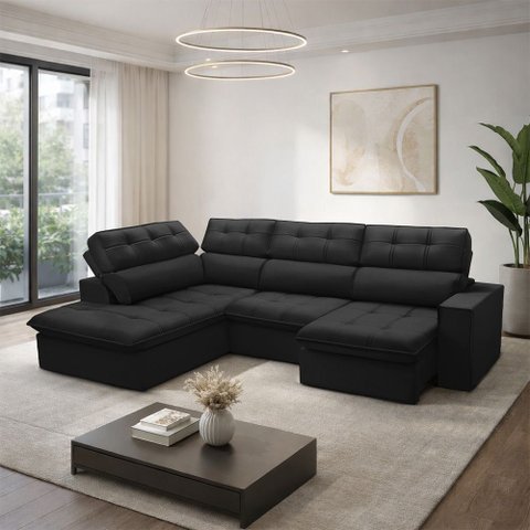 Sofá 4 Lugares Retrátil Reclinável Chaise Esquerdo 288cm Solin F04 Veludo Preto - Lyam Decor