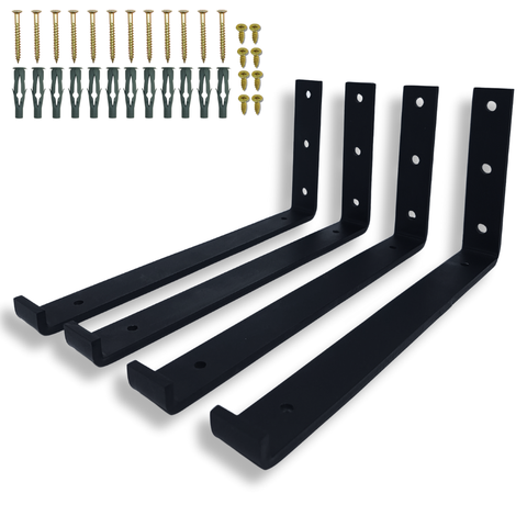Kit 4 Suportes de Parede Mão Francesa em L 25cm para Prateleira Acabamento Aço Robusto Preto