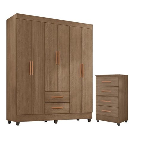 Guarda Roupa Casal 6 Portas e Cômoda 4 Gavetas Lite Carvalho Oak – Móveis Leão