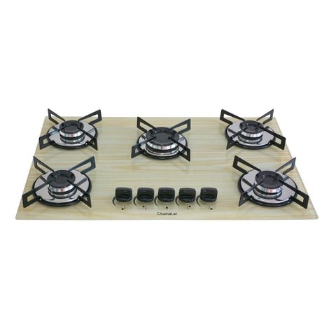 Cooktop Chamalar Bivolt Premium 5 Bocas Ultra Chama Vidro Temperado Amadeirado Claro