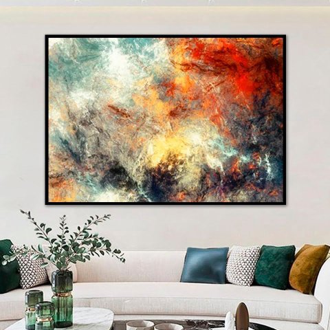 Quadro Decorativo Abstrato Vibrante com Moldura Caixa, na Posição Horizontal, Ideal para Ambiente de