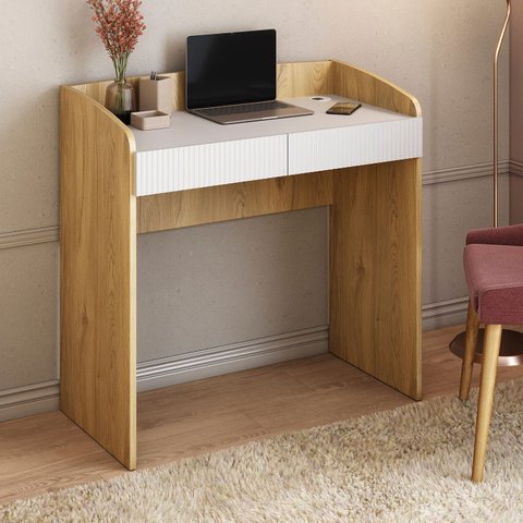 Escrivaninha Canelada Mesa Feminina Compacta e Delicada Petit 2 Gavetas 91,2cm Olmo e Branco Marrom Artany