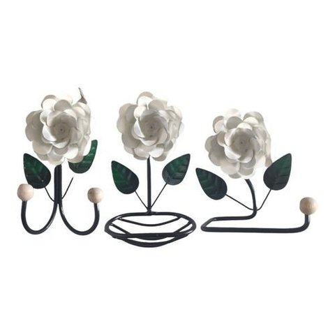 Kit 3 Peças para Banheiro com Flores em Ferro:branco