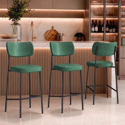 Kit 3 Banquetas Baixa Sala de Jantar Lisa Pés Preto PU Verde m² - Monari Design