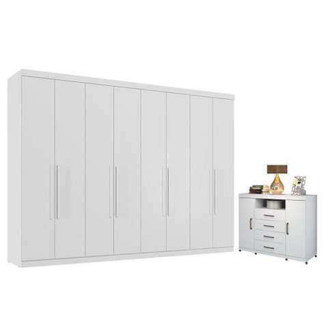 Guarda Roupa Casal Master New 8 Portas de Bater 4 Gavetas MDP Branco Brilho com Cômoda Havana