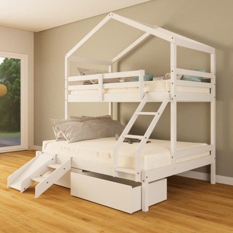 Beliche Casal/ Solteiro Casinha com Gavetas e Kit Escada/escorregador Madeira Maciça Branco