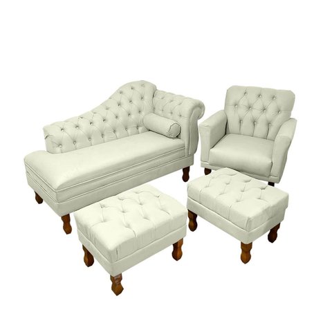 Kit Divâ Luiza 1.40 + 1 Poltrona Suelen + 2 Puff Retrô Luiz Xv Decorativo