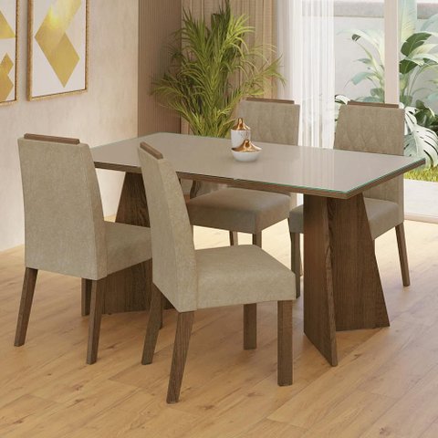 Conjunto Sala de Jantar Mesa Tampo de Vidro 4 Cadeiras Rustic/crema/imperial Porto Madesa