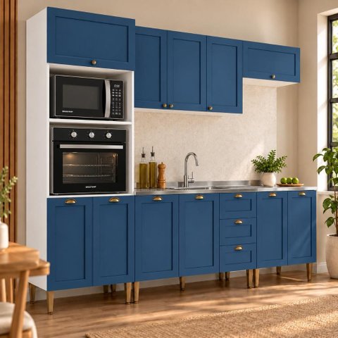 Cozinha Compacta Modulada 5 Peças 11 Portas 3 Gavetas 260cm Provençal Branco/Azul - Mademovel