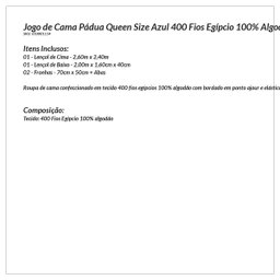 Roupa de Cama Queen Size Azul 400 Fios Egípcio 100% Algodão 4 Peças - 3