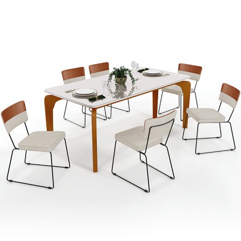 Mesa Capri 160cm Off White 6 Cadeiras Allana B05 Faixa Couríssimo Camel Linho Champagne - Lyam