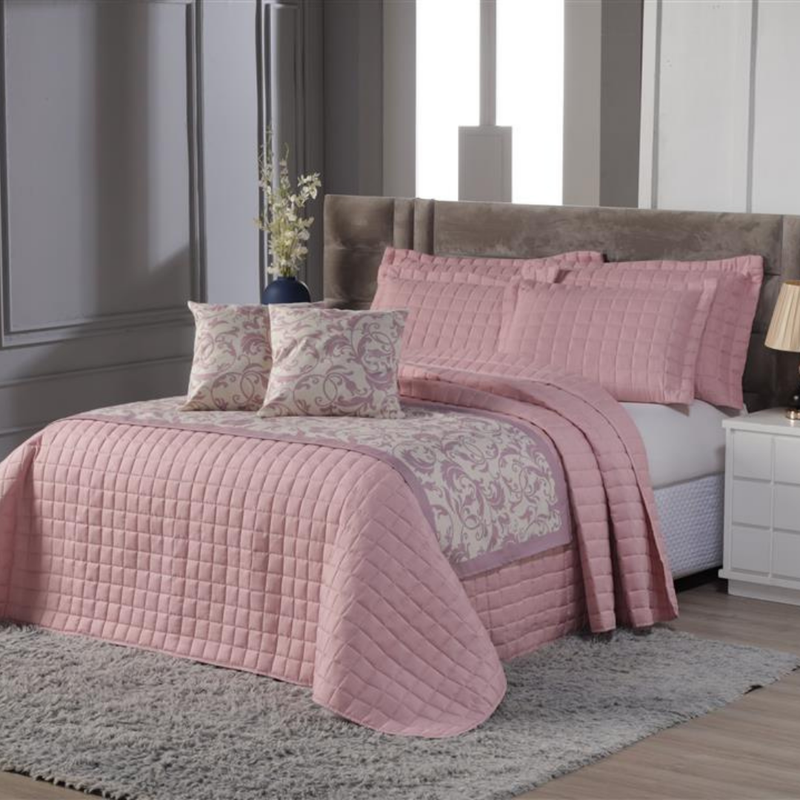 Decoração Quarto Elegante Cobre Leito + Peseira + Capa de Almofada Cama King 06 Peças.:rosa