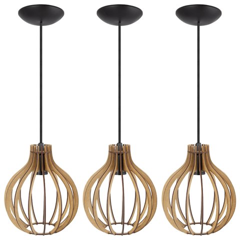 Pendente Luminária Bali E27 Mdf Rústico Sala Moderno 3 Un