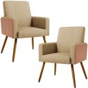 Ver imagem 1 de Kit 02 Poltronas Decorativa Maria W01 Pés Palito Linho Bege Escuro Couríssimo Camel - Lyam Decor