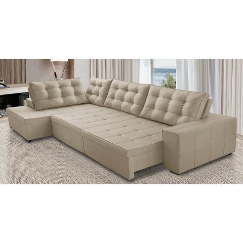 Sofá de Canto Retrátil e Reclinável com Molas 3,00x2,00 Le Jacke Suede Bege Madelina Decor
