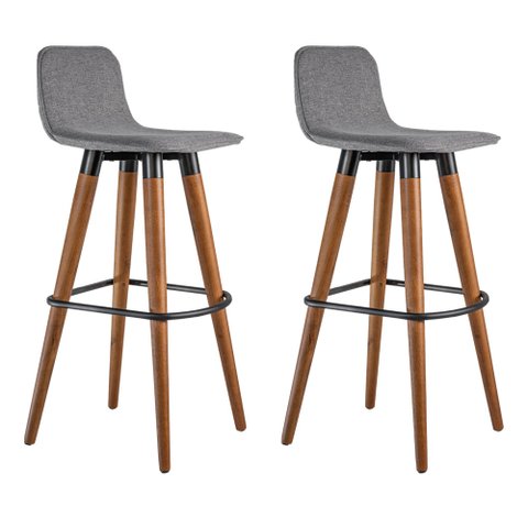 Kit 2 Banquetas Altas Luxo Linea Aço Preto Linho Cinza Base Carvalho