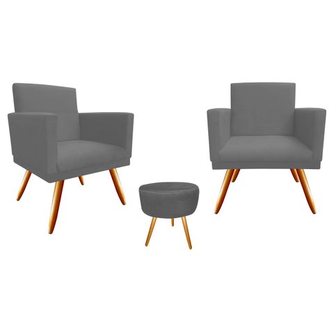 Kit 2 Poltronas Decorativa Nina + Puff Redondo Suede Cinza Pés Madeira Ms Decor