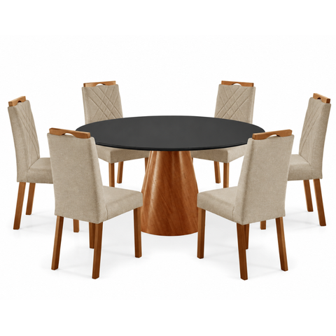 Conjunto Sala de Jantar Mesa Gênova 130cm Tampo Redondo Vidro Preto com 6 Cadeiras Dallas
