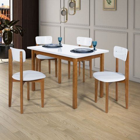 Conjunto Jantar 120cm Mdf Pinus Estofado Moderno:branco
