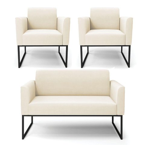 Sofá Namoradeira com 2 Poltronas Base Industrial Preto Marisa Veludo D03 - D\'rossi Cor Bege
