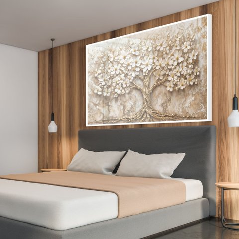 Quadro Decorativo Árvore da Vida Flores Brancas Fundo com Textura Sala Quarto Casa Escritório