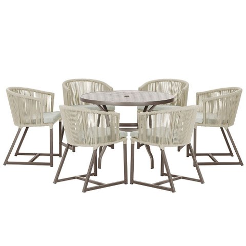 Mesa com 6 Cadeiras de Jantar Roma 120cm e Noronha em Alumínio Marrom Corda Náutica Estofado 3 Trama