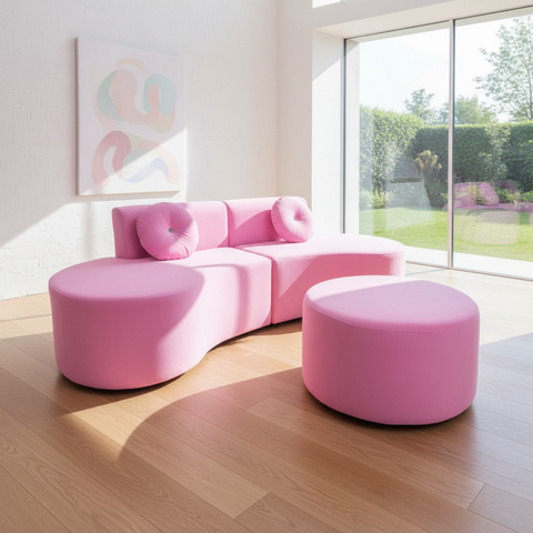 Sofá Modular Orgânico Monterrey 260cm + Puff Suede Rosa Bebê