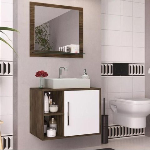 Conjunto de Banheiro Completo – Balcão, Painel e Cuba - Carvalho/branco