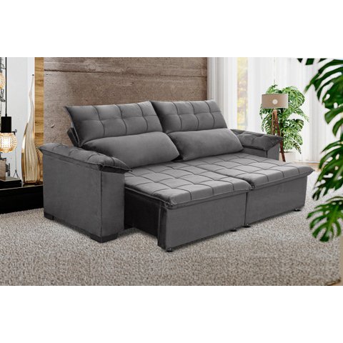Sofá Retrátil e Reclinável 230 cm Cristal Veludo Cinza Grafite Chamby Móveis