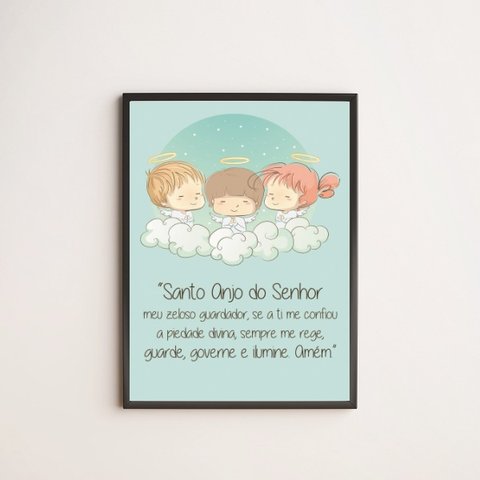 Quadro Infantil Santo Anjo do Senhor 45x34cm - com vidro:Madeira preta