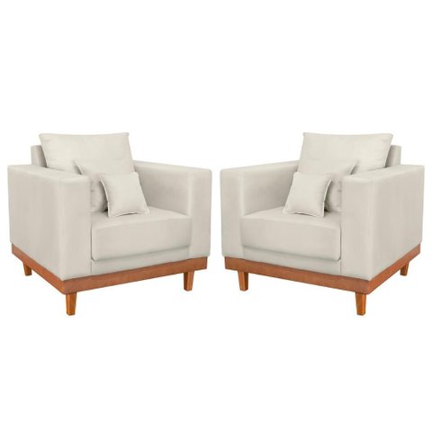 Kit 02 Poltrona Living Suede Base Madeira Sala Recepção Cor:bege