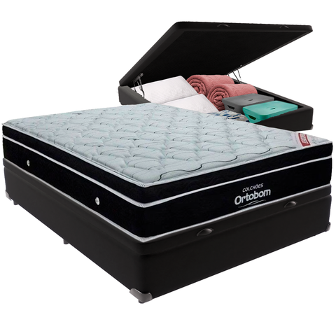 Cama Box Baú Preto e Colchão Elegant Molas Ensacadas Casal Ortobom