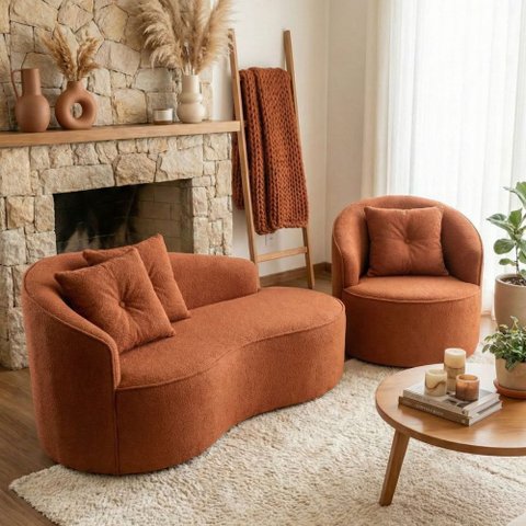 Kit de 01 Sofá Orgânico Curvo Feijão + 01 Poltrona Confortável Sala Estúdio Amore Bouclê Terracota -