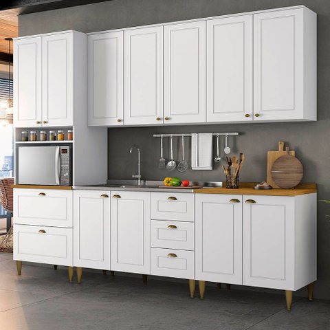 Cozinha Modulada com Pés 271,5cm 11 Portas 5 Gavetas Americana Henn - Branco/nature