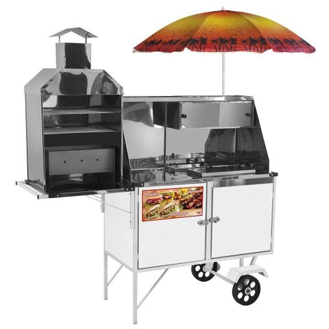 Carrinho 3 em 1 Cefaz Hot Dog, Lanche Churrasco Luxo Branco Rodas Maciças e Guarda Sol Blc11m/gs