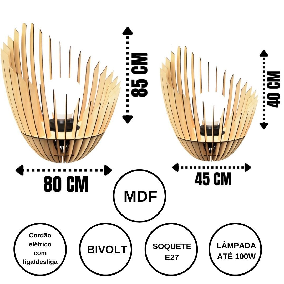 Abajur Grande de Chão PANDORA MDF Luminária -:MDF CRU/Kit com 2 - 40x45cm e 85x80cm - 6