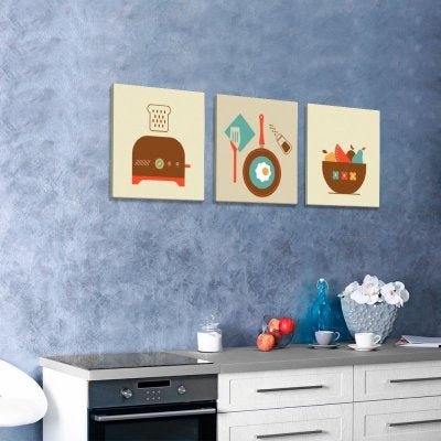 Conjunto de 3 Telas Decorativas Estilo Ilustração Ícones de Alimentos - Montada: 40x126cm (A-L) Unic - 2