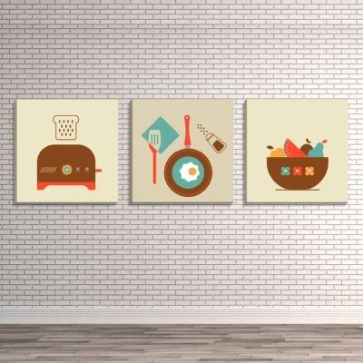 Conjunto de 3 Telas Decorativas Estilo Ilustração Ícones de Alimentos - Montada: 40x126cm (A-L) Unic - 1