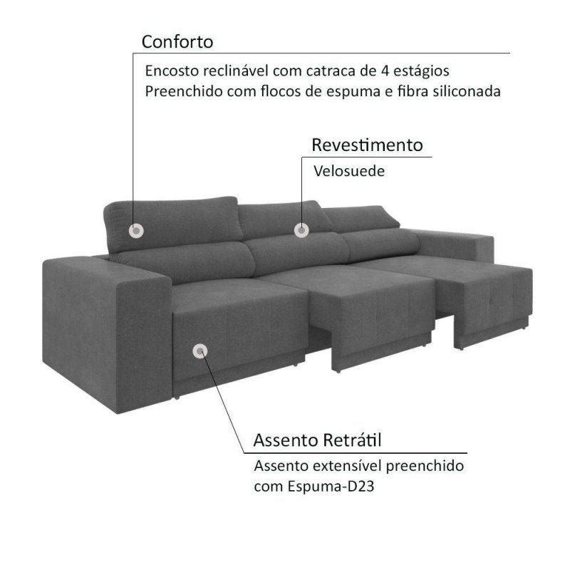 Sofá 6 Lugares Net Reale Assento Retrátil e Reclinável Suede Grafite 2,84M (L) - 3