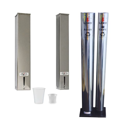 Kit Porta Copo Descartável Água + Suporte Café + Lixeira Inox