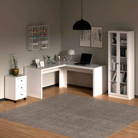 Kit Escritório Completo Com Mesa em L Armário e Gaveteiro Cor: Branco