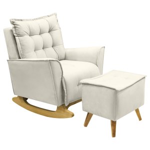 Poltrona Amamentação de Balanço Helena + Puff Veludo Quarto Bebê:creme