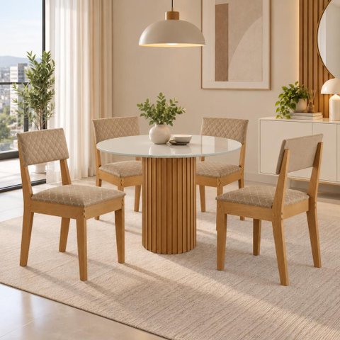 Sala de Jantar 4 Lugares Mesa Jolie 100cm Tampo Redondo de Vidro e 4 Cadeiras Estofadas Copper Soft
