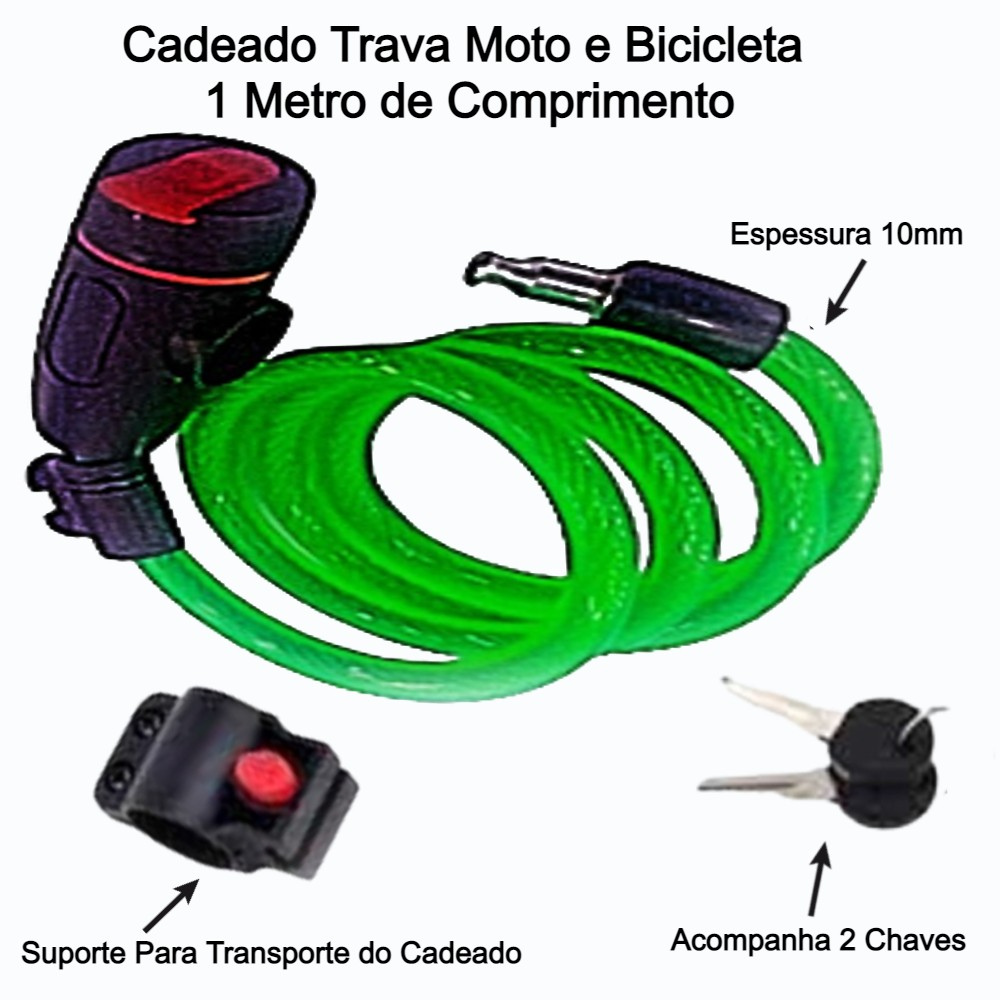 Cadeado Para Moto e Bicicleta Trava Tranca e Protege em Cabo de Aço Com 2 Chaves - 10