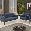 Ver imagem 2 de Sofá Namoradeira e 1 Poltrona Base Madeira Castanho Ana Suede Azul Marinho - Ibiza