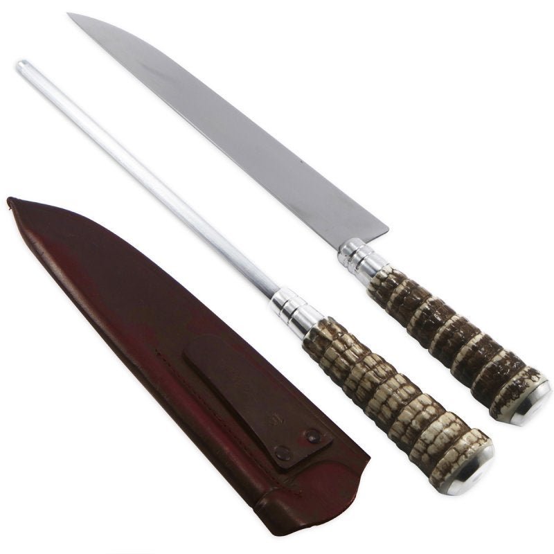 Kit Faca 10" Chaira Inox Rabo Tatu Bainha Couro Churrasco