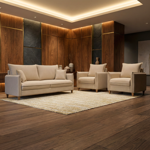 Conjunto Sofá Living Córdoba e Duas Poltronas Tecido Linho Cru 2,00m