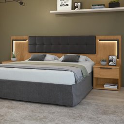 Cabeceira Queen Calitan com 2 Mesas de Apoio e LED Amêndoa/Preto Fosco - Móveis Lopas - 2