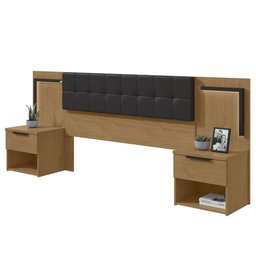 Cabeceira Queen Calitan com 2 Mesas de Apoio e LED Amêndoa/Preto Fosco - Móveis Lopas - 1